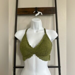 Auden Boho Olive Green Lace Lined Cross Back Adjustable Crochet Halter Bralette.
